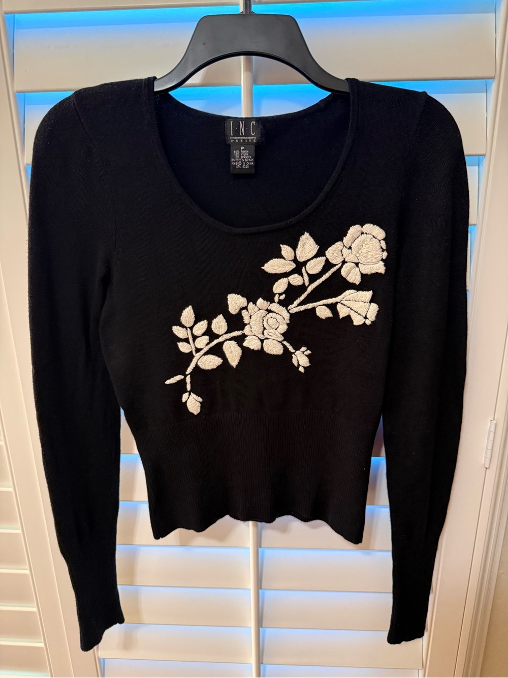 INC International Concepts Black Sweater with White Floral Embroidery- Size SP